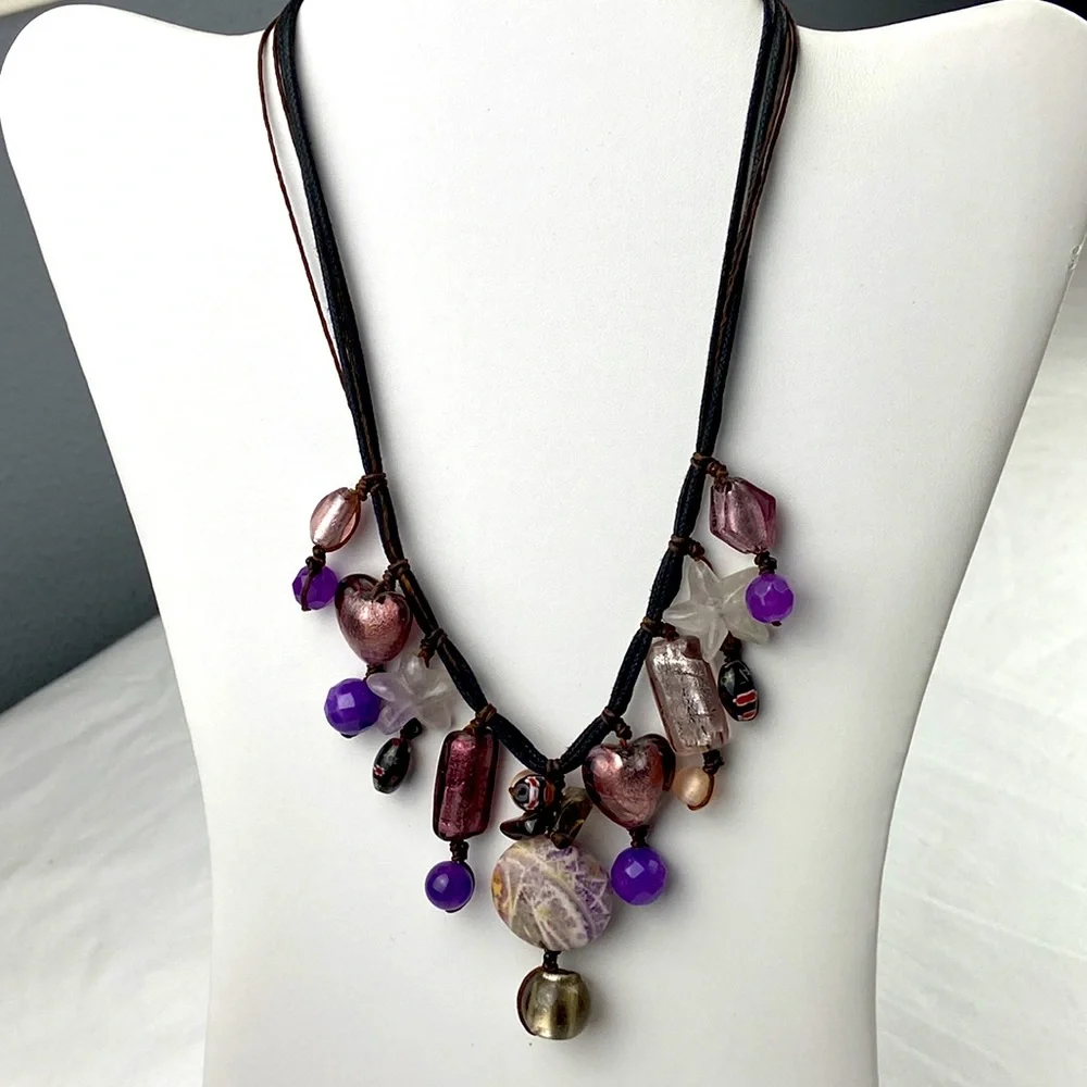 Corded braided dichroic glass polished stone w faceted Millefiori beads necklace
